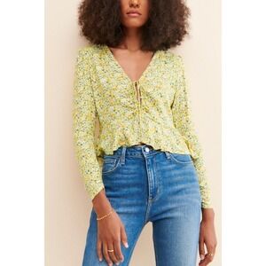 AFRM X Nordstrom Top Yellow Floral Blouse Crop ‎ Women Sz M NWT Key Hole Neck